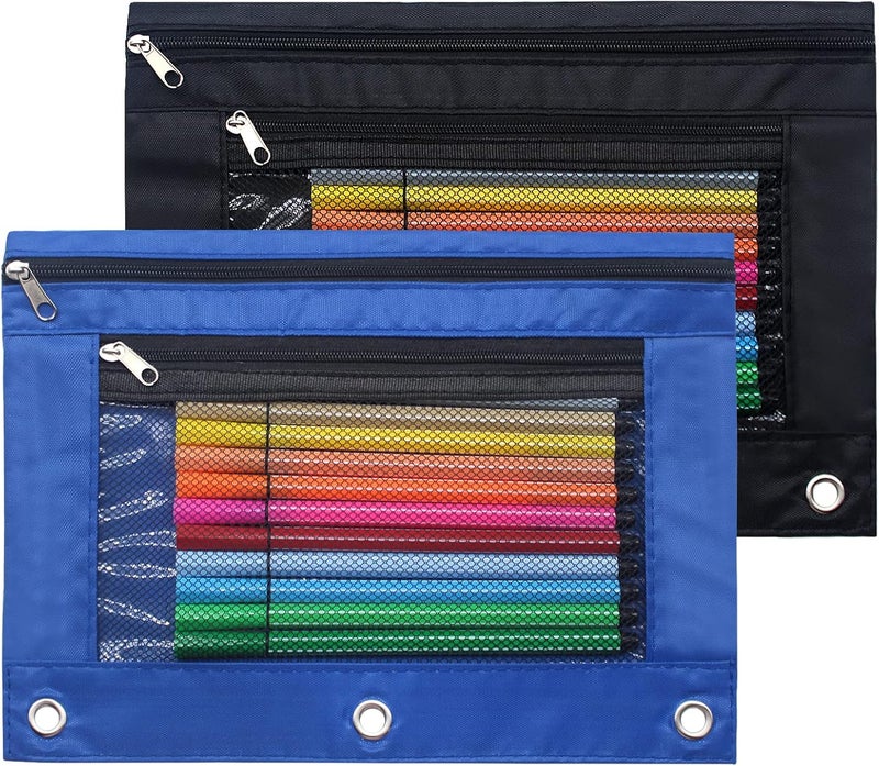 Cinvo Pencil Pouch 3 Ring Binder Pouch Zippered Pencil Case Canvas Pencil Bag with 2 Compartments (Set of 2, Black and Blue) - Image 1